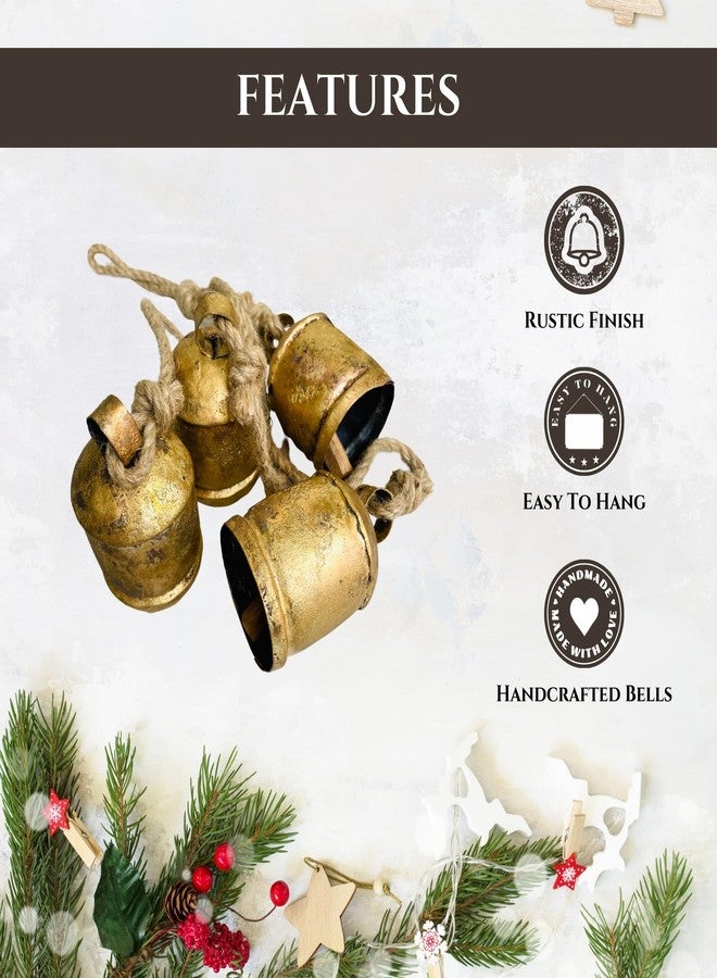 Mie Creations Mie Creation Set of 4 Rustic Vintage Cow Bells Cluster on Jute Rope, Christmas Tree Decorations, Handmade Metal Harmony Cowbells, Shabby Chic Wall Hanging, Holidays Wreath decor - Antique Gold 34 inch - Image 5